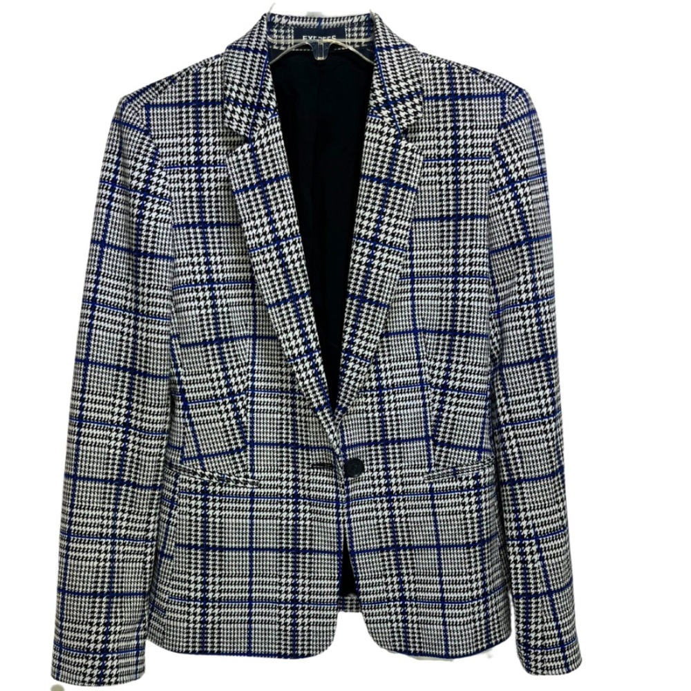 Express Blue White Black Plaid Houndstooth Woven Jacket Blazer - Size 6